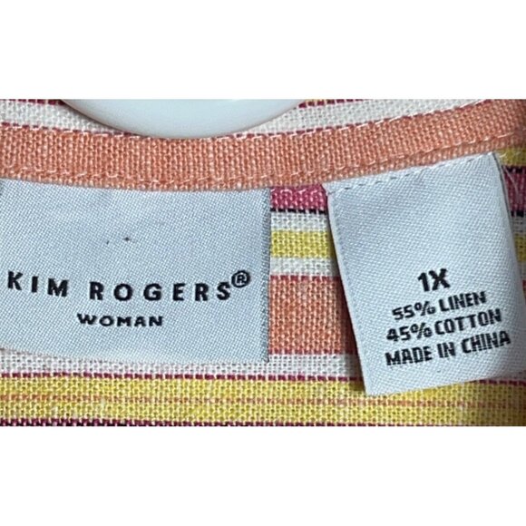 Kim Rogers Pure Linen Shirt Button Up Long Sleeve Peach Stripe Classic Womens 1X - Picture 5 of 11